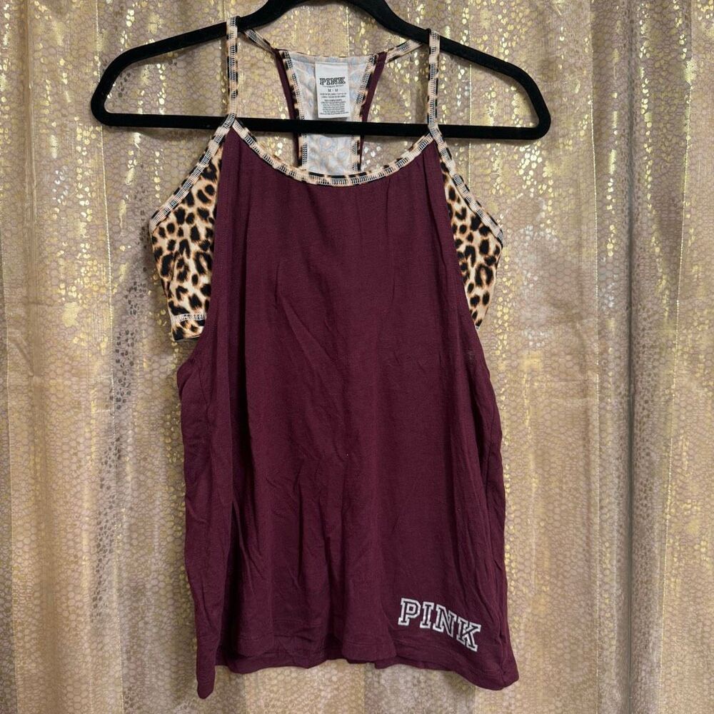 PINK Victorias Secret Maroon Cheetah Layered Workout Tank Top Medium